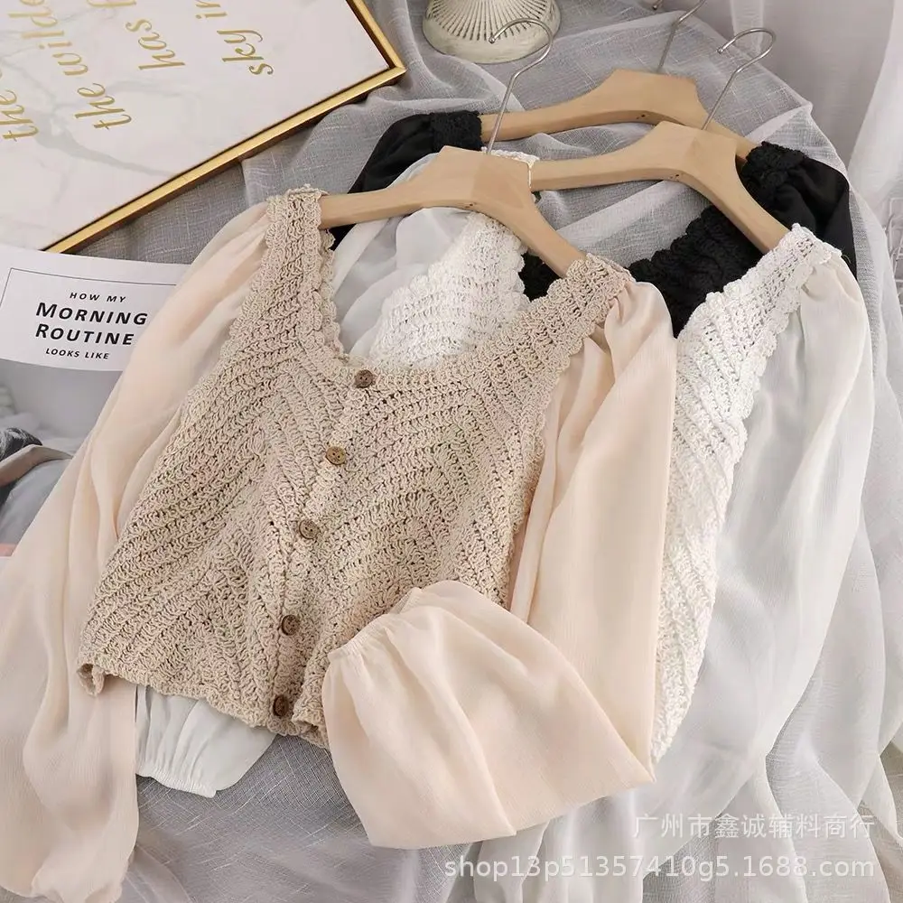 French Style Chiffon Shirt with Puff Sleeves Beige - Image 18