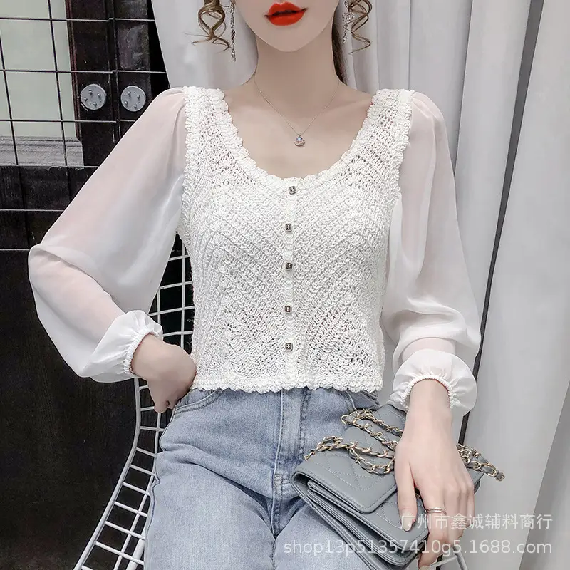 French Style Chiffon Shirt with Puff Sleeves Beige - Image 19