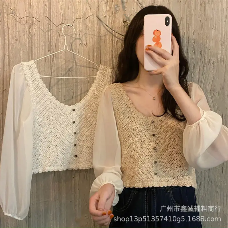 French Style Chiffon Shirt with Puff Sleeves Beige - Image 20