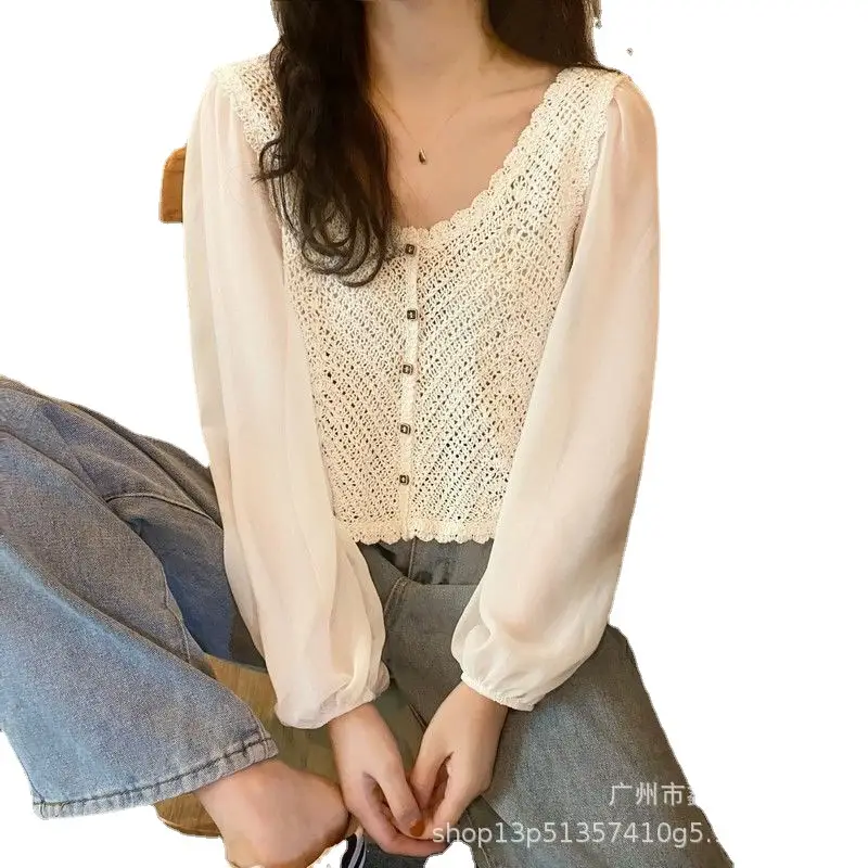 French Style Chiffon Shirt with Puff Sleeves Beige - Image 21