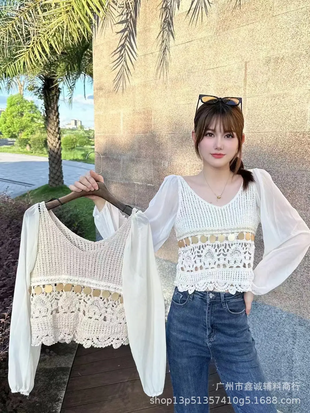 French Style Chiffon Shirt with Puff Sleeves Beige - Image 10