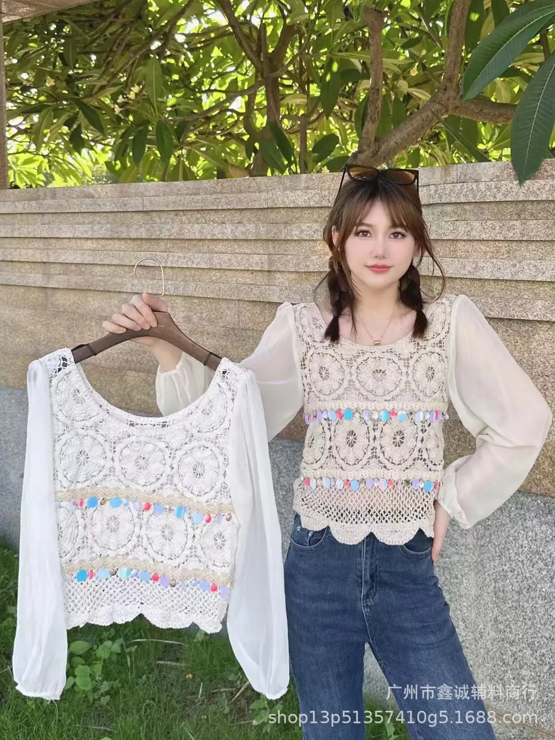 French Style Chiffon Shirt with Puff Sleeves Beige - Image 11