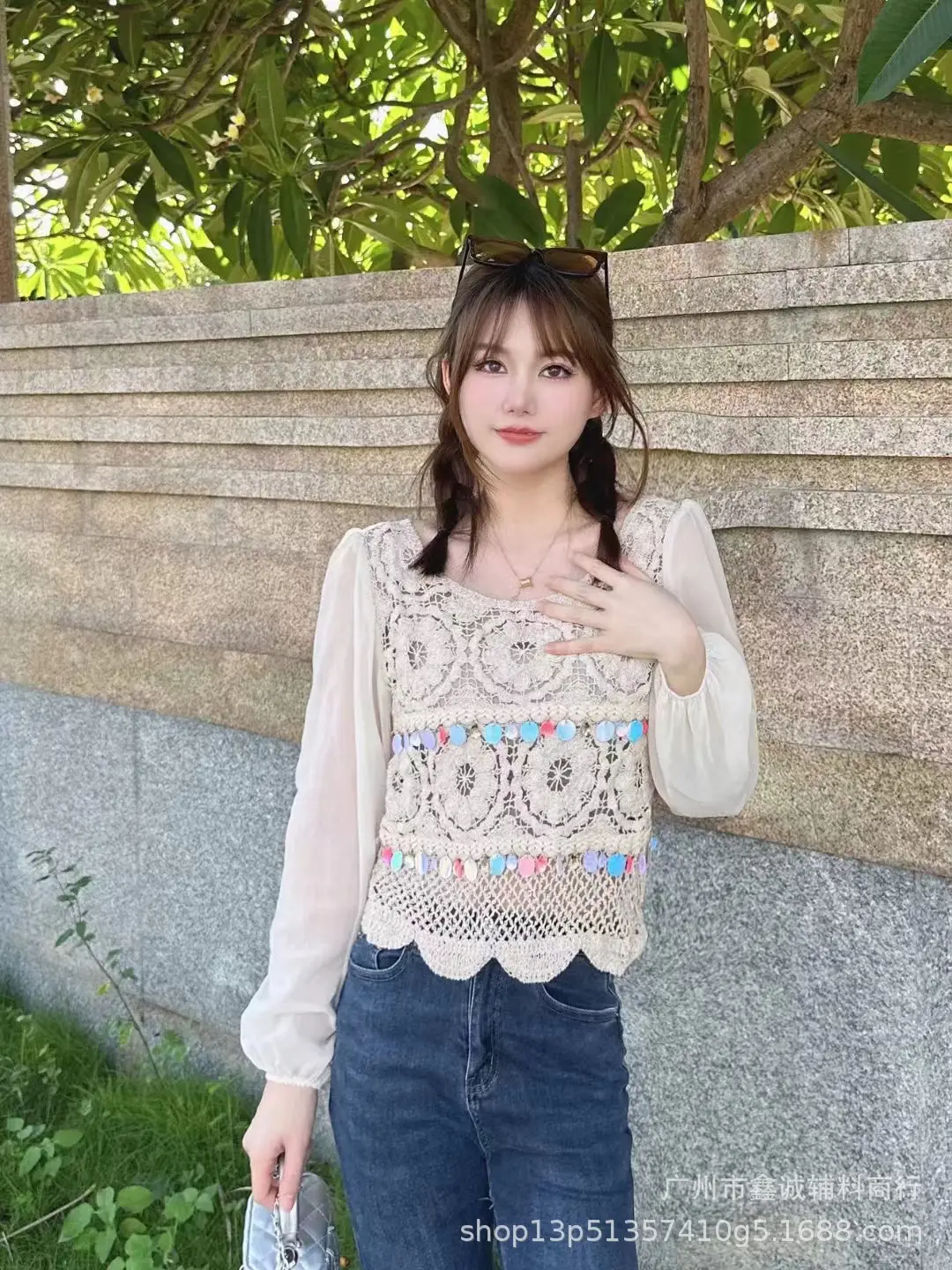 French Style Chiffon Shirt with Puff Sleeves Beige - Image 12