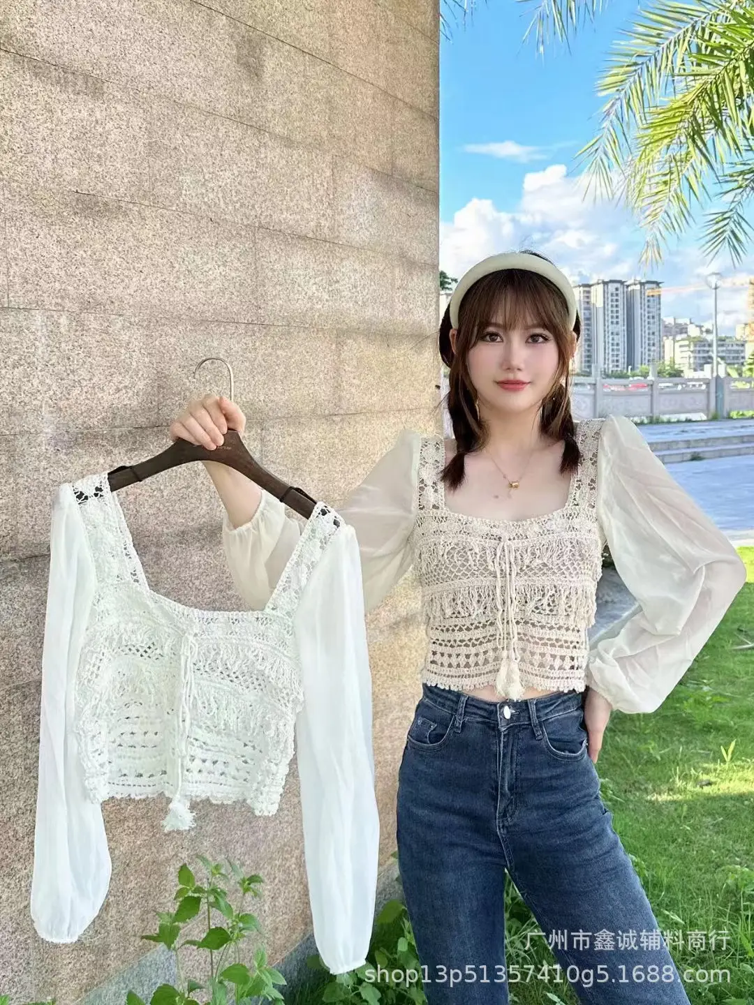 French Style Chiffon Shirt with Puff Sleeves Beige - Image 13