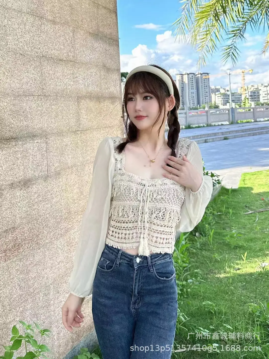 French Style Chiffon Shirt with Puff Sleeves Beige - Image 14