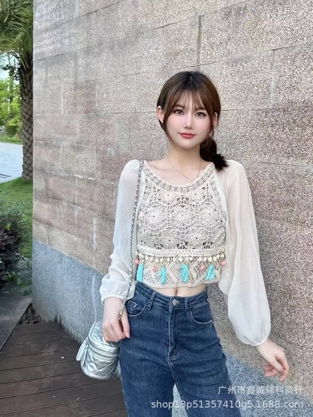 French Style Chiffon Shirt with Puff Sleeves Beige - Image 15
