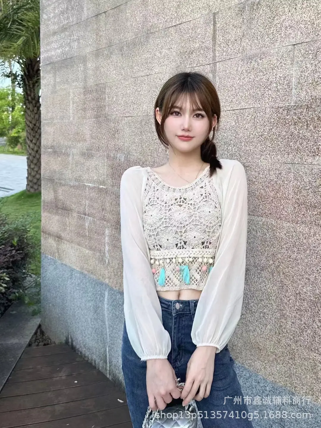 French Style Chiffon Shirt with Puff Sleeves Beige - Image 16