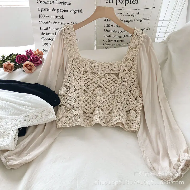 French Style Chiffon Shirt with Puff Sleeves Beige - Image 4