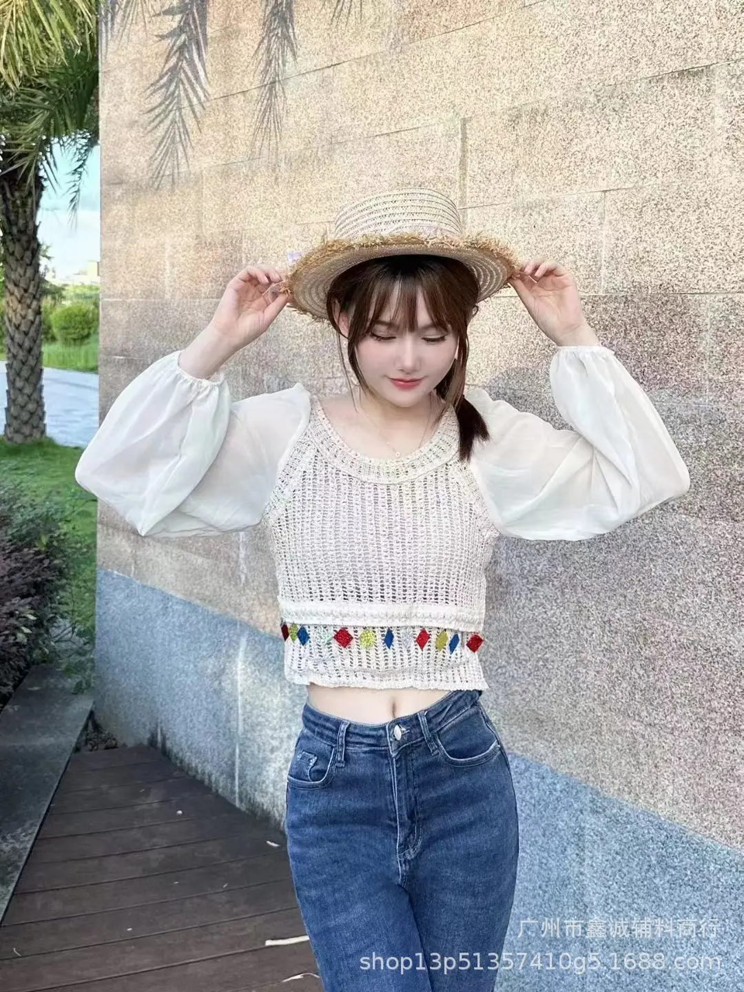 French Style Chiffon Shirt with Puff Sleeves Beige - Image 6