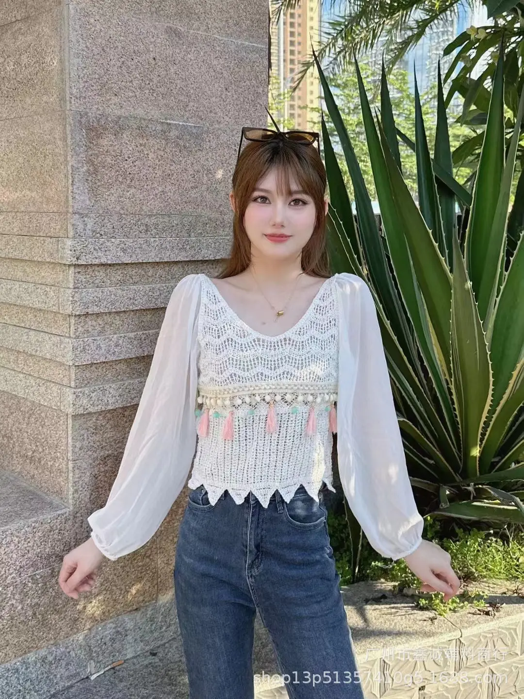 French Style Chiffon Shirt with Puff Sleeves Beige - Image 7