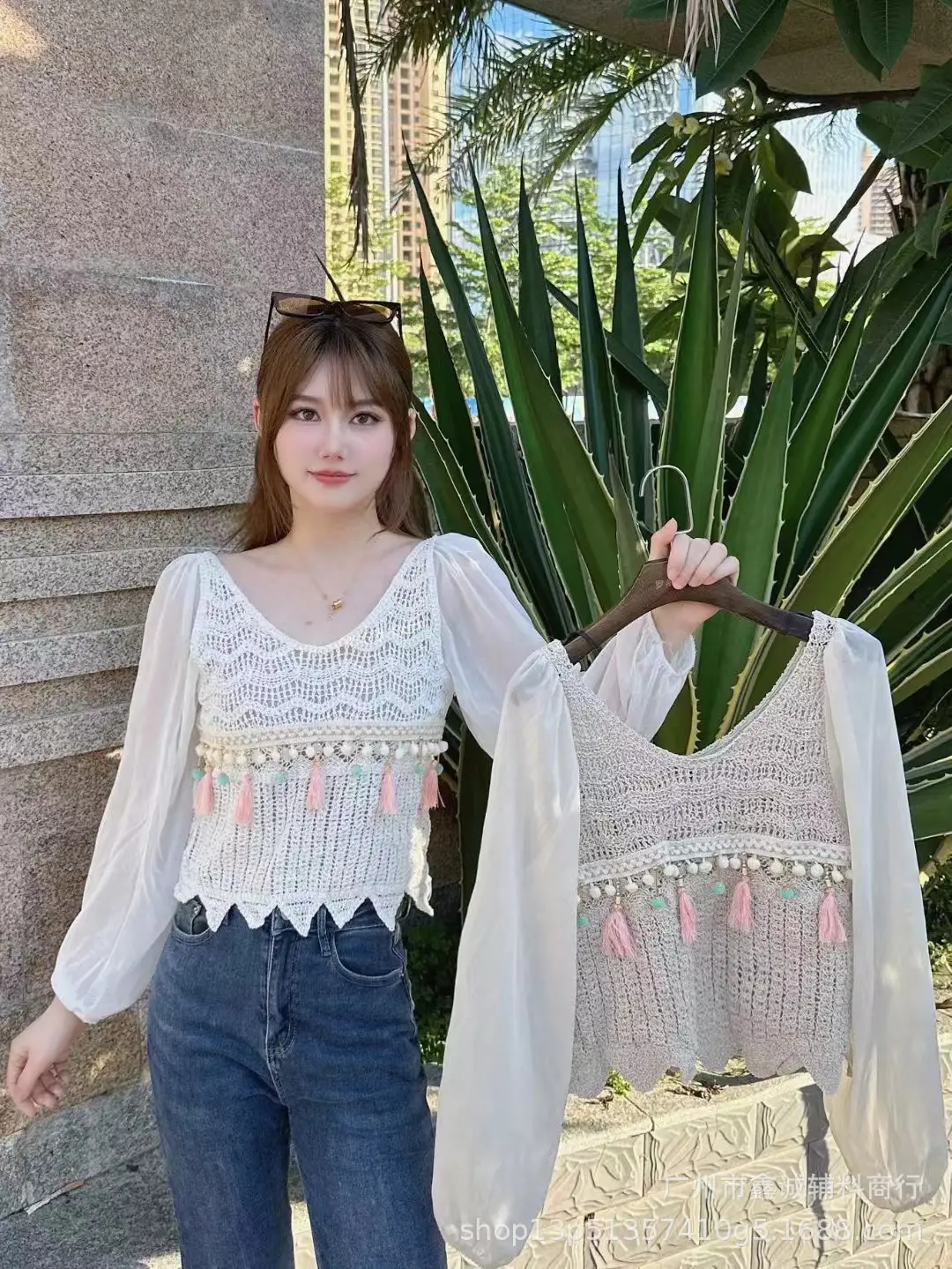 French Style Chiffon Shirt with Puff Sleeves Beige - Image 8