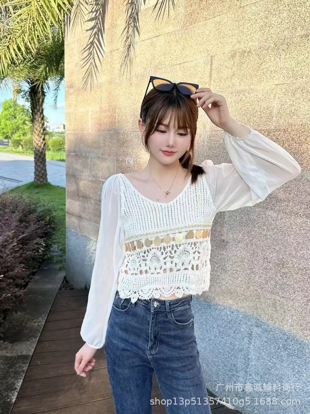 French Style Chiffon Shirt with Puff Sleeves Beige - Image 9