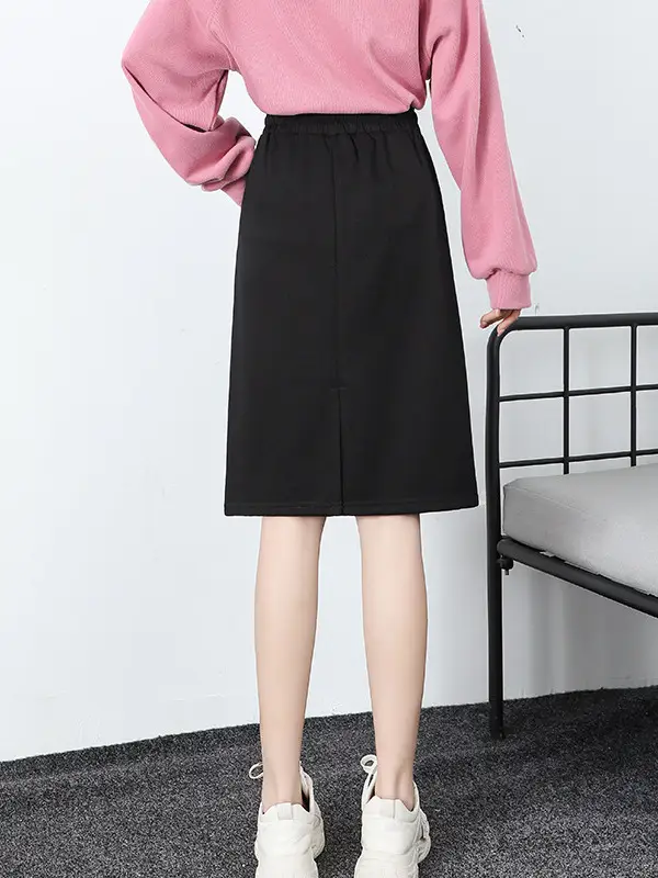 Black High Waist Split Skirt for Women Mid Length Casual Wear