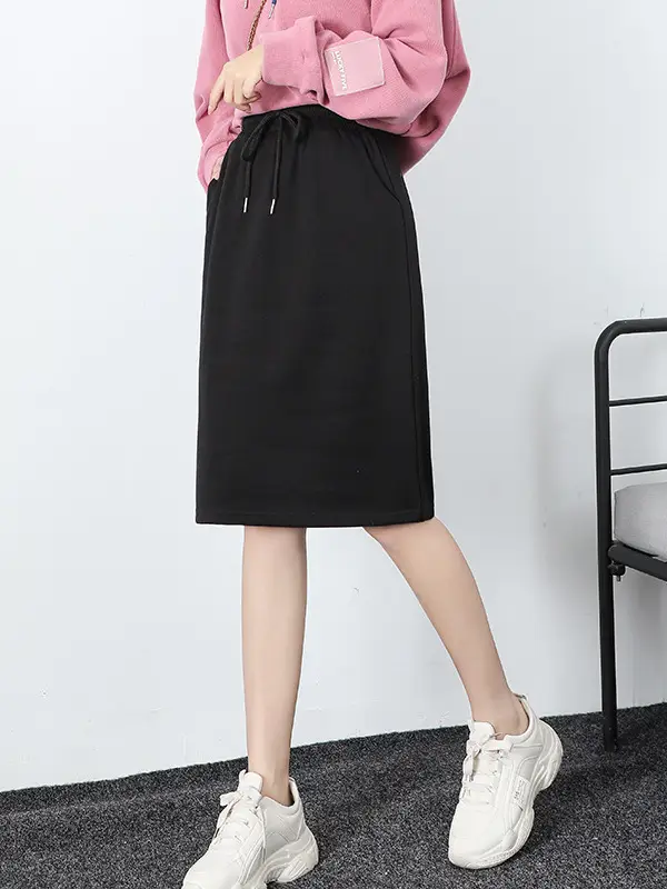 Black High Waist Split Skirt for Women Mid Length Casual Wear