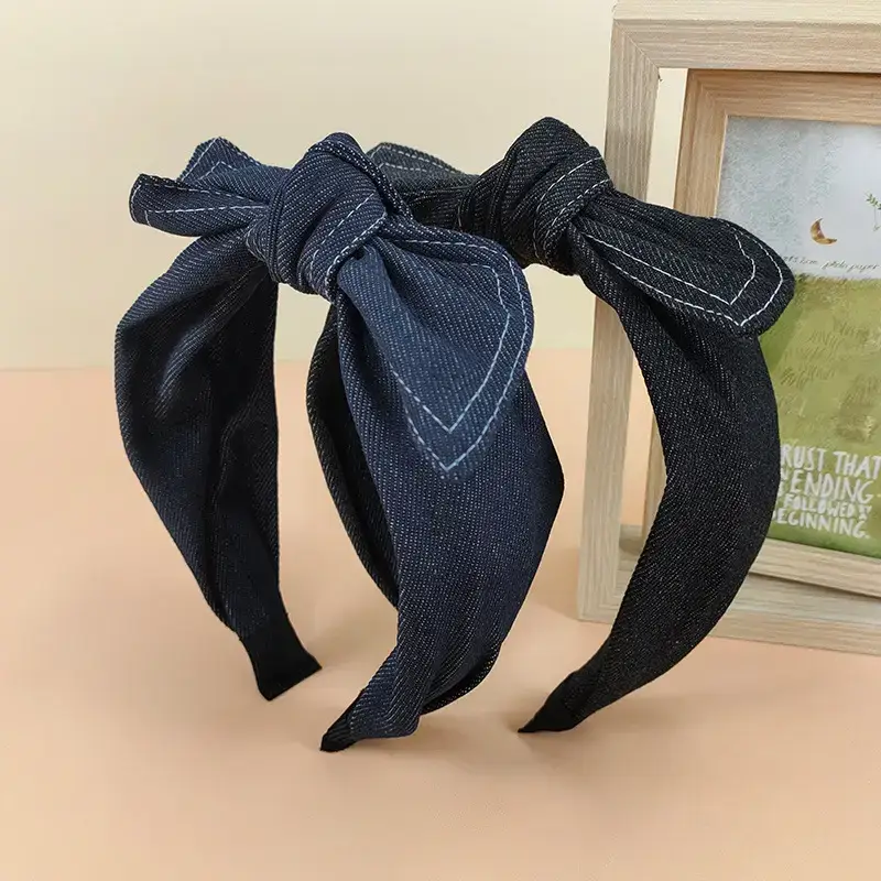 Denim Bow Headband with Vintage Stamp & Wide Bins