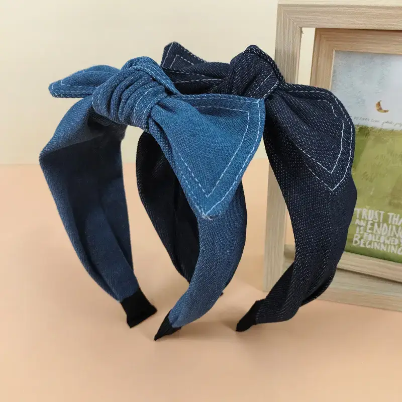 Denim Bow Headband with Vintage Stamp & Wide Bins