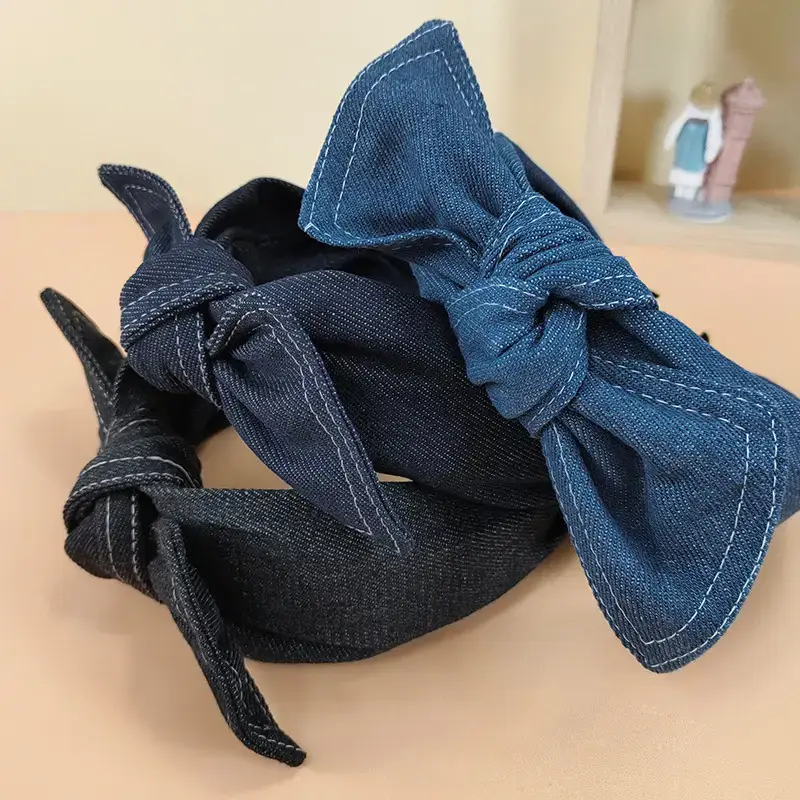 Denim Bow Headband with Vintage Stamp & Wide Bins