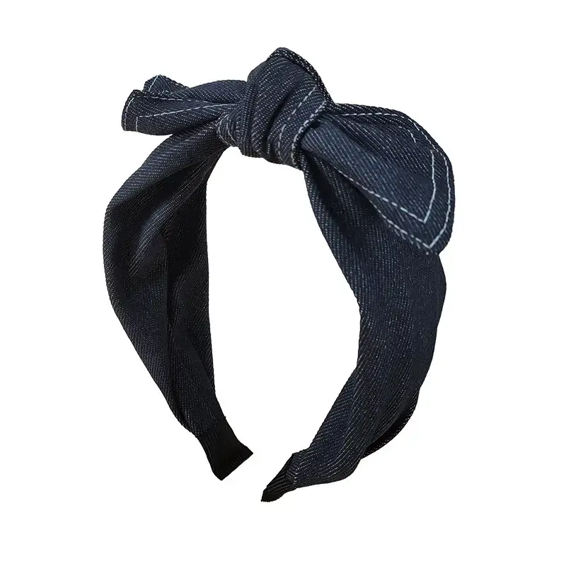 Denim Bow Headband with Vintage Stamp & Wide Bins