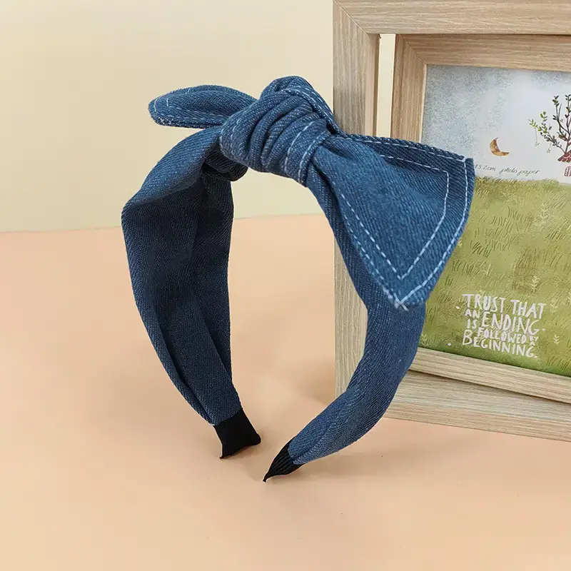 Denim Bow Headband with Vintage Stamp & Wide Bins