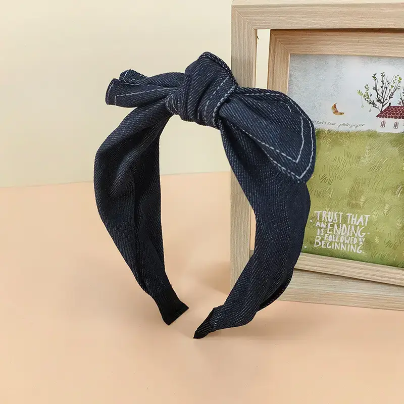 Denim Bow Headband with Vintage Stamp & Wide Bins