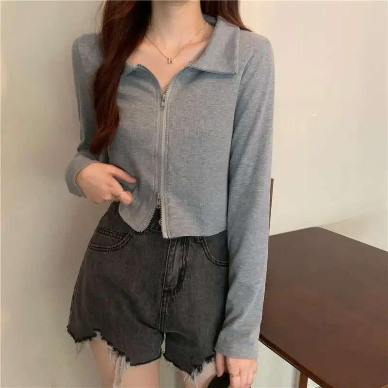 Black Zipper Slim Fit Top for Women - Image 2