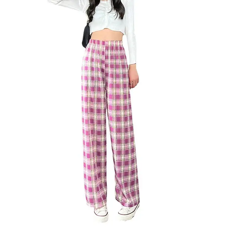 Women Plaid Wide Leg Pants High Waist Casual Wear - Image 21