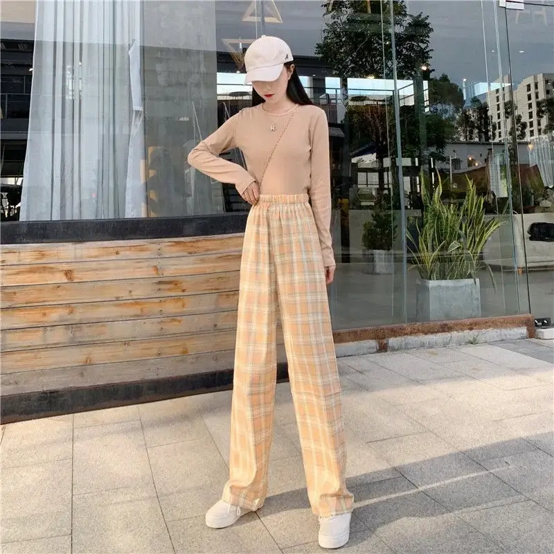 Women Plaid Wide Leg Pants High Waist Casual Wear - Image 3