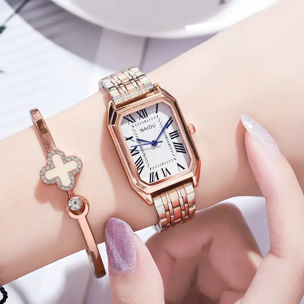 Women's Rose Gold Roman Dial Watch with Bracelet Set