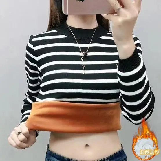2022 Fleece Striped Gold Velvet T-Shirt for Women - Image 5