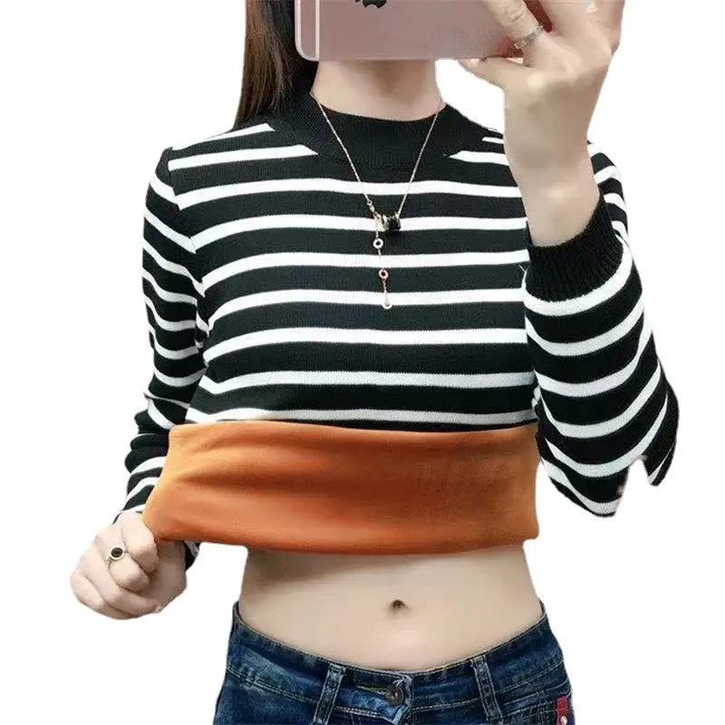 2022 Fleece Striped Gold Velvet T-Shirt for Women - Image 7
