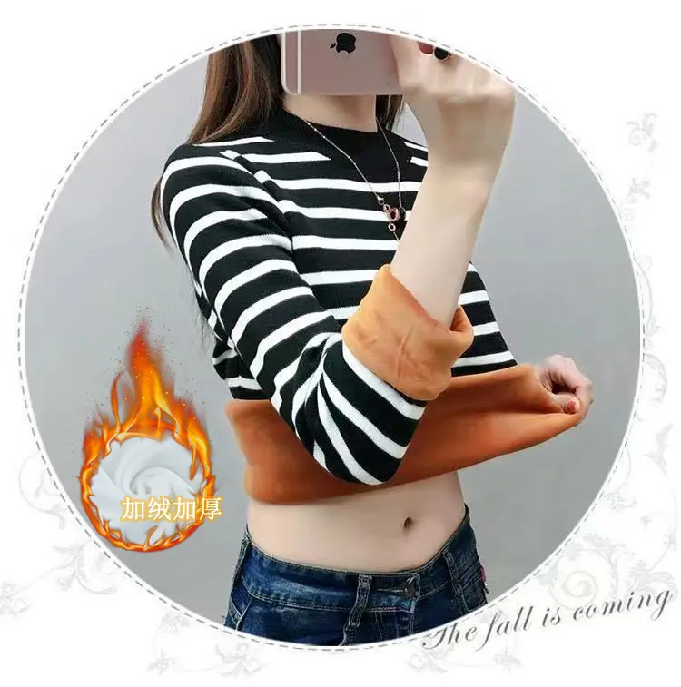 2022 Fleece Striped Gold Velvet T-Shirt for Women — feature 3