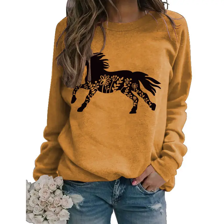 White Long Sleeve Sweatshirt with Horse Print for Women