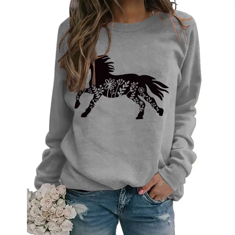 White Long Sleeve Sweatshirt with Horse Print for Women