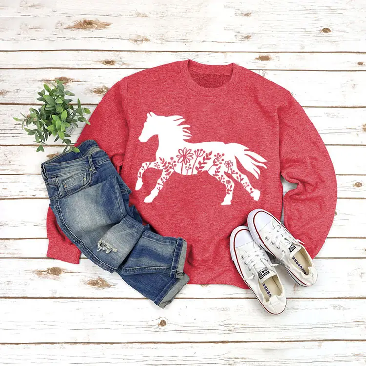 White Long Sleeve Sweatshirt with Horse Print for Women