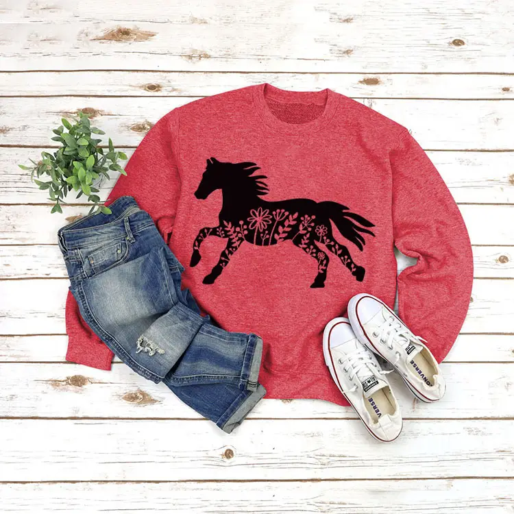 White Long Sleeve Sweatshirt with Horse Print for Women