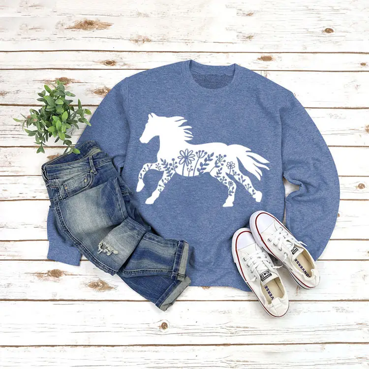 White Long Sleeve Sweatshirt with Horse Print for Women