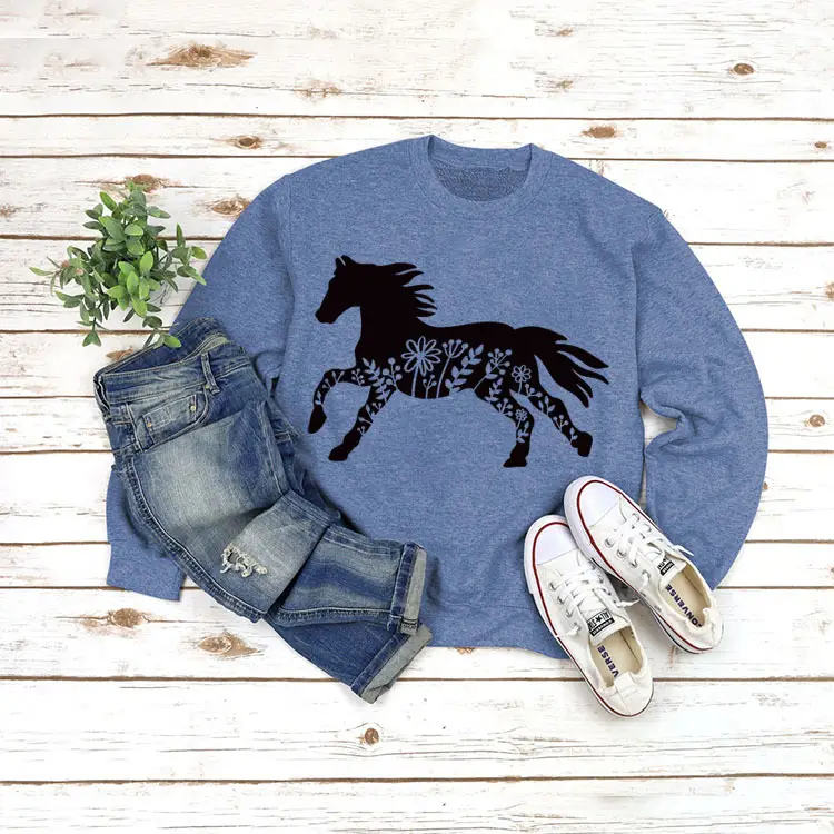White Long Sleeve Sweatshirt with Horse Print for Women