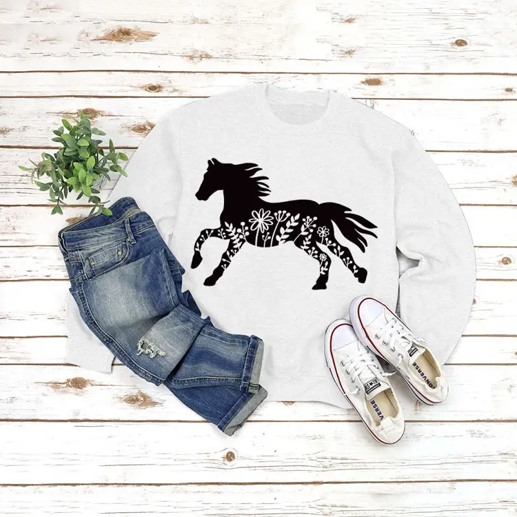 White Long Sleeve Sweatshirt with Horse Print for Women