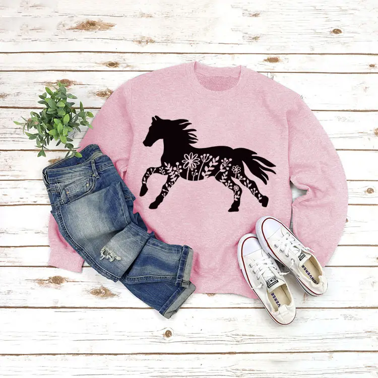 White Long Sleeve Sweatshirt with Horse Print for Women