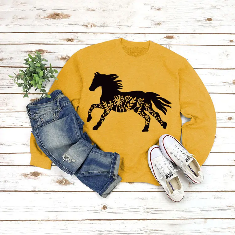 White Long Sleeve Sweatshirt with Horse Print for Women
