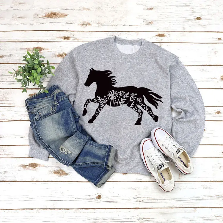White Long Sleeve Sweatshirt with Horse Print for Women