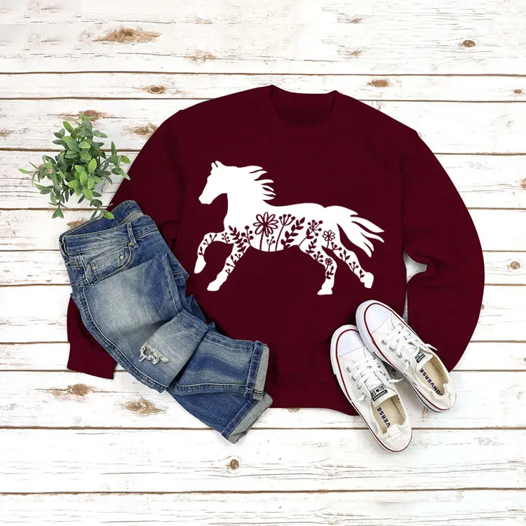 White Long Sleeve Sweatshirt with Horse Print for Women