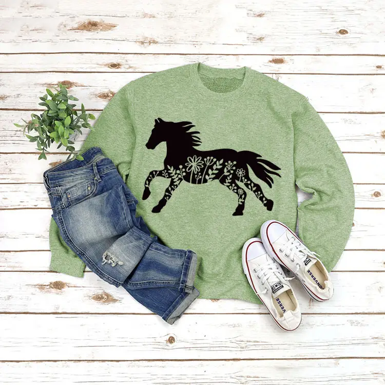 White Long Sleeve Sweatshirt with Horse Print for Women