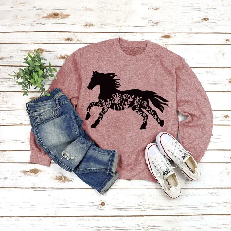 White Long Sleeve Sweatshirt with Horse Print for Women