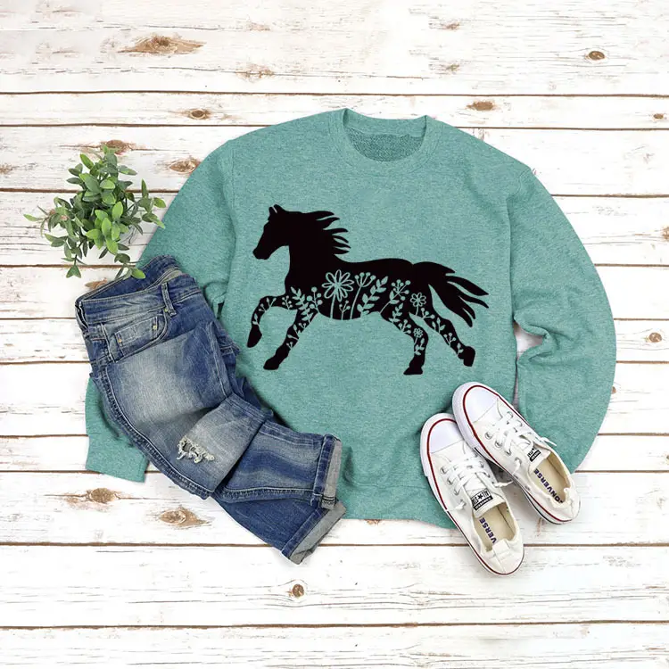 White Long Sleeve Sweatshirt with Horse Print for Women
