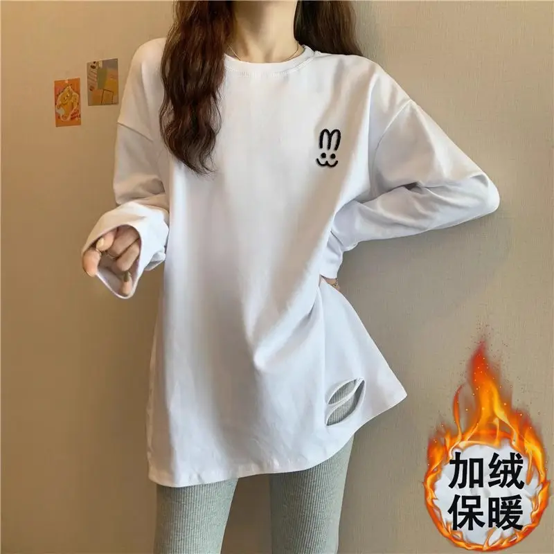 Women White Fleece Long Sleeve T-Shirt Loose Fit - Image 2