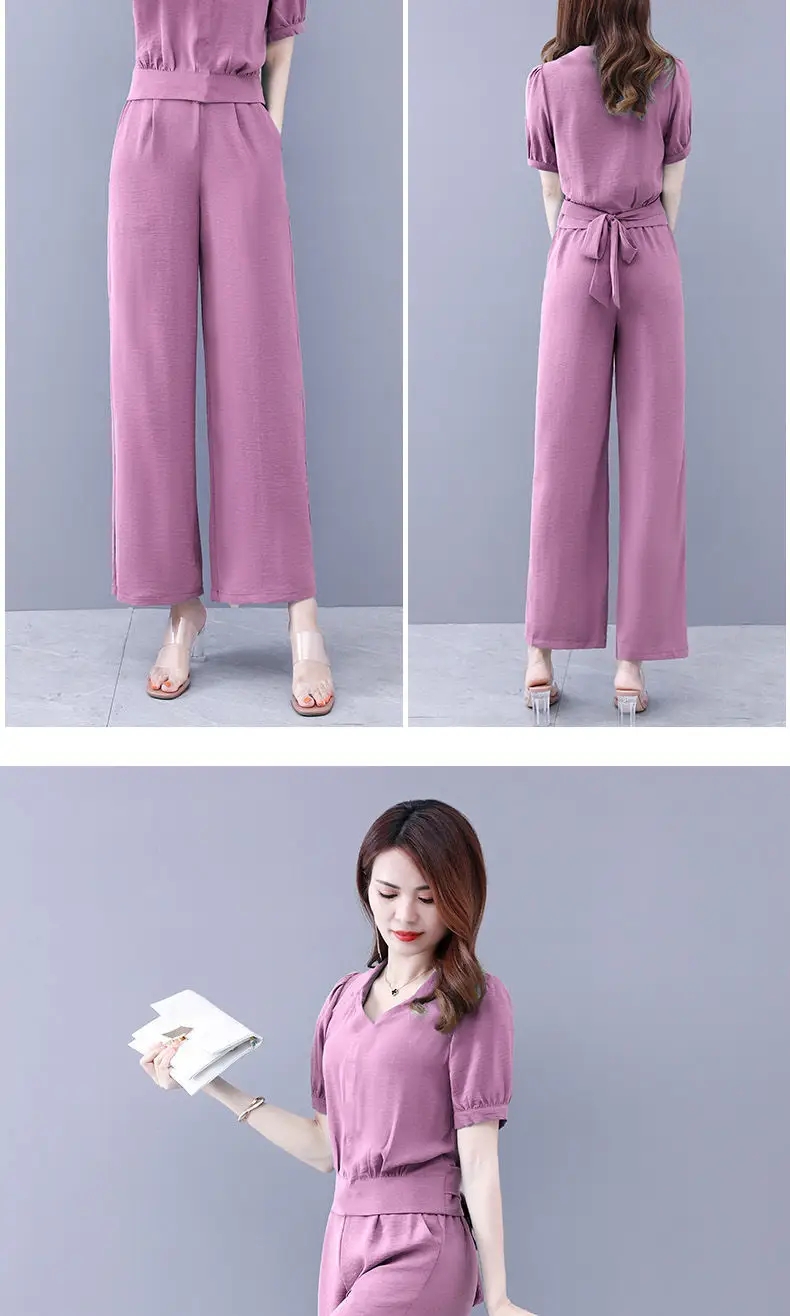 Women Summer 2-Piece Belly Cover Pants Set Lavender — feature 9