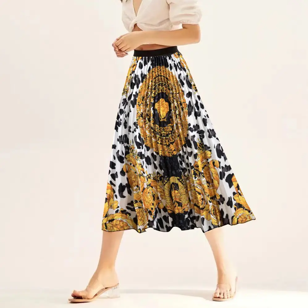 Printed Elastic Pleated Skirt Women's Mid Length - Image 33