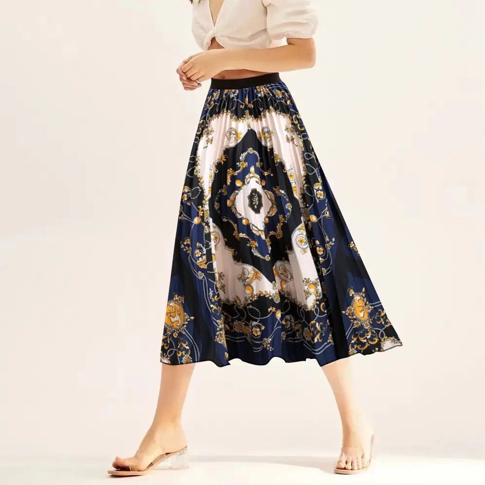 Printed Elastic Pleated Skirt Women's Mid Length - Image 14