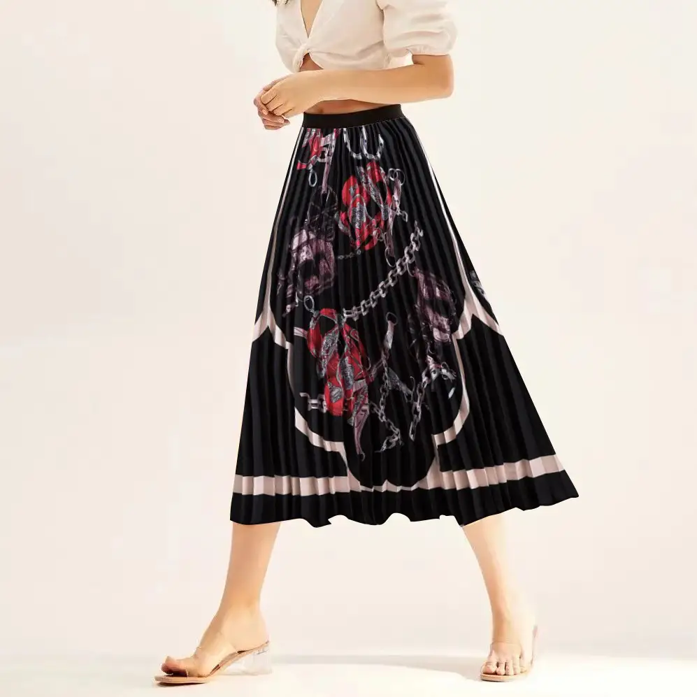 Printed Elastic Pleated Skirt Women's Mid Length - Image 15